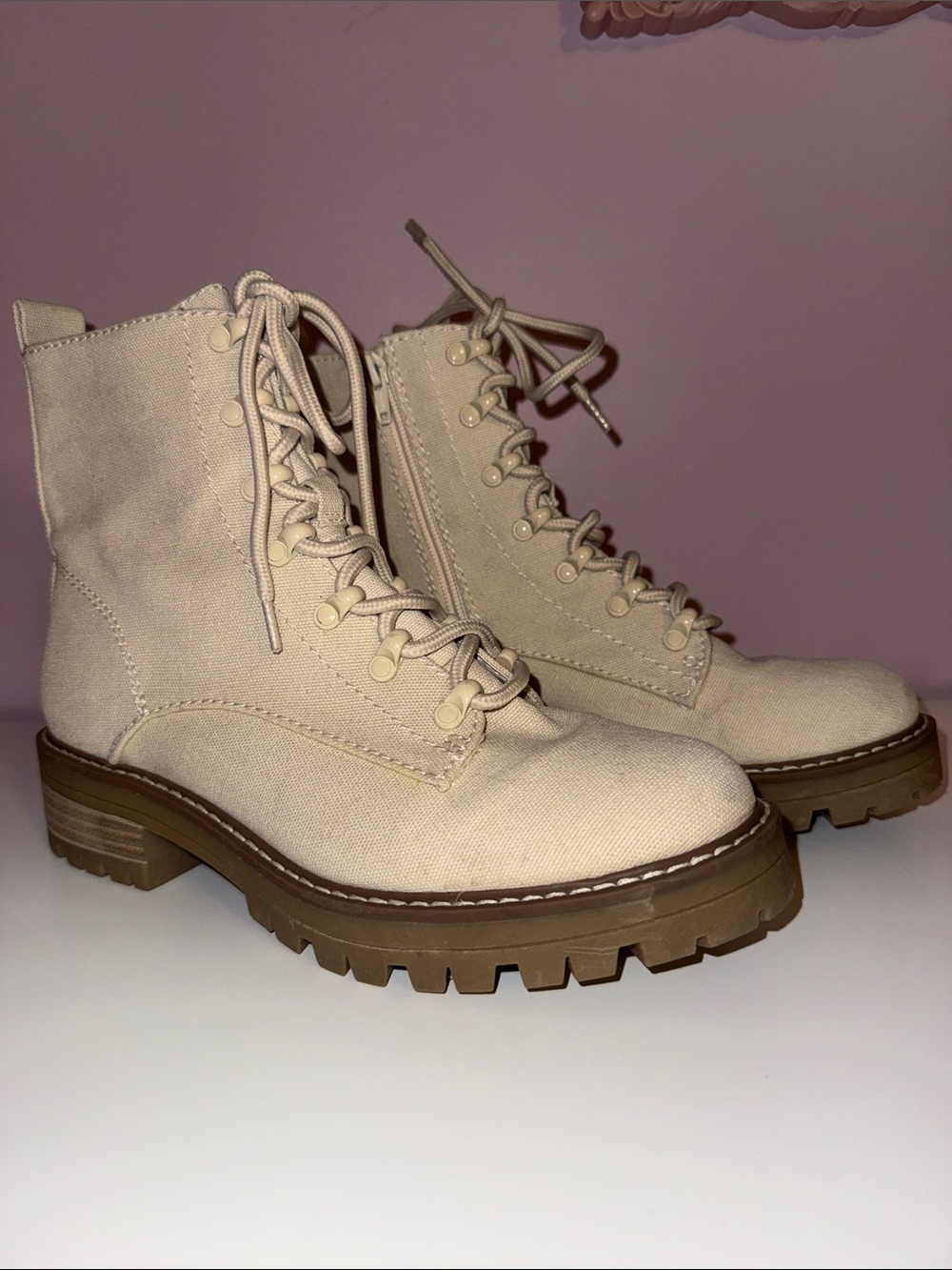 Women's Cream Lace-Up Canvas “Parker”Combat Boots with Lug Sole
